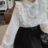 Nova coleção primavera 2024 para meninas de meia idade e crianças maiores, camisa versátil de madeira com orelha, estilo francês para crianças, princesa, manga longa com punho flare