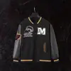 Comércio Exterior! Jaqueta de Baseball Tendência Estilo Americano com Manga de Couro Preta Casaco Espesso Bordado Lã Bordada