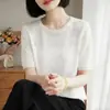 Top de punto de seda de hielo con cuello redondo y recorte de pata de gato, ropa de mujer de manga corta, nueva camiseta básica de color liso con recorte para primavera-verano, top, camiseta