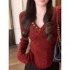Suéter de Punto de Invierno para Mujer con Diseño Sencillo de Estilo Coreano, Botón Decorativo, Cuello en V, Manga Larga, Nueva Moda