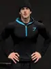 Camisa de Running Training Fitness Ciclismo de Secado Rápido con Capucha y Media Cremallera para Hombre, Corte Americano Delgado, Tiburón, Manga Larga