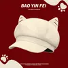 Boina de Lana Estilo Japonés con Orejas de Gato Linda para Mujer, Versátil para Primavera y Otoño, Gorra de Periodista que Adelgaza el Rostro, Sombrero Octagonal, de Moda