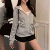 Sudadera con Capucha Gris para Mujer, Estilo Coreano, Cárdigan Ajustado, Mangas Largas, Cintura Adelgazante, Ropa Exterior Versátil, Lista para Exportación