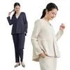 Traje Informal de Moda Elegante Japonés Nuevo Versión A Perfil de Dobladillo de Loto Chaqueta de Manga Larga Pantalones Informales Color Sólido