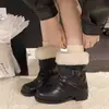 Botas Curtas Confortáveis de Cor Lisa Estilo Western Francês 2026 Novo Outono/Inverno Com Pelúcia Bico Quadrado Solado Grosso Salto Bloco Botas de Combate