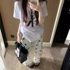 Estilo Americano Linda Huella de Perro Pantalones Blancos para Mujer Verano Pequeños Sueltos Casuales Pierna Ancha Diseño Nicho Recto