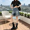Jeans retrô americano rasgado de comprimento médio para mulheres, novo design de verão, azul nostálgico, calças casuais retas folgadas
