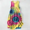 Vestido Casual de Algodão Puro com Estampa Digital Nova, Gola Redonda, Sem Mangas, Comprimento Médio, Para Mulheres, Verão na Praia