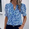 Roupas Femininas Transfronteiriças 2026 Gola V Estampa Floral Franzido Manga Curta Chiffon Estilo Boho Solto