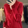 Cárdigan de lana de punto liso de manga larga para mujer, corte holgado, para primavera transfronteriza, simple y elegante, con cuello en V, en colores camel dorado, negro, rojo y blanco