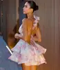 Vestido Floral Estilo Francês com Laço Transfronteiriço, Decote Halter, Costas Nuas, Cintura Marcada, Sem Alças, Ombro a Ombro, Doce e Volumoso Vestido Bolo