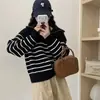 Suéter de malha com zíper parcial listrado, novo estilo coreano primavera/outono, solto e versátil, estilo casual, blusa de tricô com manga raglan