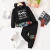 Outono e Inverno roupas infantis moda preto letra dinossauro impressão costura manga comprida camisola com capuz esportes de lazer diário