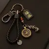 Llavero de Latón Pixiu Colgante de los 12 Animales del Zodíaco Ping An Fu Llavero para Llaves de Coche de Hombres y Mujeres Llavero con Cordón de Cuero para Colgar en la Cintura