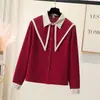 2026 Nueva Blusa Elegante de Estilo Francés con Ribete de Color Contrastante, Cuello Puntiagudo, de un Solo Botón, Holgada, con Manga Abullonada para Mujer