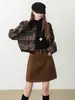 Falda Vintage de Ante Marrón para Mujer, Nueva Falda Mini de Línea A Adelgazante de Cintura Alta Anti-Exposición Otoño/Invierno 13576