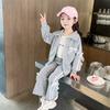 Conjunto para Meninas Estilo Primavera e Outono Moda Coreana Infantil Cinza com Laço Grande Conjunto de Duas Peças para Crianças Pequenas e Médias
