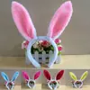 Junio 1 Pascua Lentejuelas Peluche Orejas de Conejo Blanco Diadema de Halloween Lindo Adorno para la Cabeza Código QR Regalo
