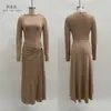 Estación Independiente Europeo y Americano 2025 Transfronterizo Otoño e Invierno Nueva Ropa de Mujer Color Puro Exquisito Envolvente Falda Larga Vestido de Manga Larga Anudado