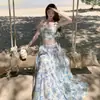 Nuevo top corto de camisola estilo casa de campo azul para mujer en verano, entallado a la cintura, adelgazante, conjunto de dos piezas estampado, transparente y ajustado