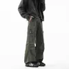 Calça Paratrooper Plissada Verde Militar Masculina Primavera Estilo Americano High Street Lavada Macacão Vintage Solta para Lenhador Casual
