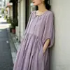 Saia Artística de Algodão e Linho, Vestido Longo Retro Simples Soltinho para Férias, Vestido Liso de Camada Dupla