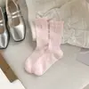 Meias Finas de Pérola para Primavera Meias Doces para Mulheres com Renda Bolha Série Miu Meias de Algodão Listradas de Cano Médio para Mulheres