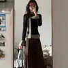 Camiseta de Manga Larga con Retazos a Cuadros Falsos de Dos Piezas Color Negro Otoño Nuevo Estilo Coreano Adelgazante Ropa Interior