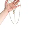 Colar de Pérolas com Cruz Vintage, Multicamadas, Versátil, Elegante, Longa Corrente para Suéter