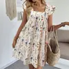 Vestido de Verano Fresco con Estampado Floral en Acuarela, Cuello Cuadrado, Mangas Cortas Volantes, Cintura Alta, Favorecedor al Cuerpo, Estilo Babydoll, Transfronterizo Europeo y Americano de Amazon