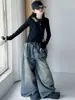 Nuevo conjunto de mezclilla para niñas estilo coreano con estampado de grafiti para otoño, pantalones tipo papá para niñas de primavera y otoño con camiseta básica de manga larga