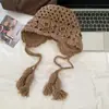 Gorro de Punto Calado con Flor para Otoño e Invierno, Protección para Orejas Caliente de Lana para Mujer, Estilo Coreano, Sombrero para Cubrir la Cabeza Adelgazante, de Moda