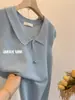 Polo de Lapela Cinza Francês em Seda Gelo Camiseta de Manga Curta Feminina Verão Manga Pequena Voadora Ombro Top Tricotado Fino