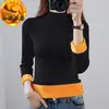 Nueva Camisa Básica de Cuello Medio para Mujer Estilo Otoño e Invierno, Camiseta Negra de Manga Larga, Corte Ajustado, Forro Polar, Engrosada, Top Cálido, Moderno