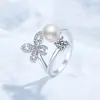 Anillo de plata de ley S925 con moissanita para mujer, perla de agua dulce natural, mariposa, anillo de lujo ligero de alta gama, ajustable, al por mayor