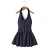 Vestido feminino de moda 2026 estilo europeu e americano transfronteiriço, para o dia a dia, xadrez, sem costas, acinturado, com decote halter e saia rodada