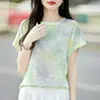 Camiseta de Manga Curta para Mulheres em Linho de Bambu e Seda Gelada, Novo Estilo de Verão, Gola Redonda Pulôver, Top Emagrecedor e Rejuvenescedor