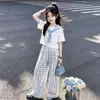 Conjunto Casual de Niña Verano Nuevo Estilo Coreano Estilo Universitario Cuello Marino Manga Corta Moda Cuadros Pantalones de Pierna Ancha Conjunto de Dos Piezas