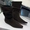 Nuevas Botas Cortas de Cuadrado Estilo Coreano para Mujer Otoño/Invierno 2026, Botines plisados de Verano, Botas Largas de Tacón Medio, Botas de Moda Marrones