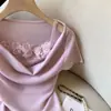 Camiseta de Manga Corta Falsa de Dos Piezas con Cuello Fruncido de Punto para Mujer, Diseño Único 'Pure Desire Hot Girl', Nueva Colección Verano 2025