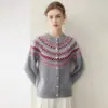 Cárdigan de Cachemira Jacquard Retro Grueso Bloque de Color Fair Isle Suéter Básico de Punto Estilo Coreano para Mujer Sencillo Reductor de Edad