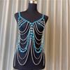 Moda Europeia e Americana strass corrente de corpo azul luxo franja longa franja multicamadas sutiã calcinha conjunto de biquíni