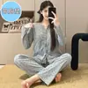 Ropa de casa dulce estilo coreano para mujer, cárdigan de otoño con estampado floral, con copas fijas en el pecho, pijama de manga larga y pantalón largo