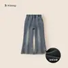 Bangxuan Roupa Infantil Calça Flare para Meninas 2026 Inverno Com Pelúcia Jeans para Crianças Calça Simples Bordada para Crianças Maiores
