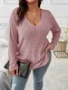 2024 Amazon Otoño e Invierno Nuevo Top de Color Sólido Talla Grande para Mujer Cuello en V Manga Larga Camiseta de Canalé Cepillada Holgada Pulóver