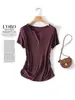 Camiseta Feminina Manga Curta Gola Meio Aberta em Seda de Amora Lyocell Slim Fit Valoriza a Silhueta Versátil Respirável Verão Seda Nova Blusa
