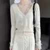Novo cardigã de lã com mangas compridas e detalhes em renda, top para o início do outono para mulheres, malha estilo francês, top estiloso
