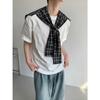 Camiseta Única Estilo Designer com Xale e Manga Curta para Homens, Tendência Nacional Patchwork de Xadrez Falso Duas Peças Estilo Americano Solta Camisa de Alta Qualidade