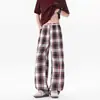 Calça casual xadrez vermelha estilo retrô americano para homens, marca da moda, fluida, levemente flare, calça comprida, calça xadrez de perna reta para pessoas altas
