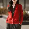 Cardigan de tricô solto para mulheres, estilo delicado com contraste de renda, decote V, seda de amoreira e lã fina emendados, parecendo duas peças